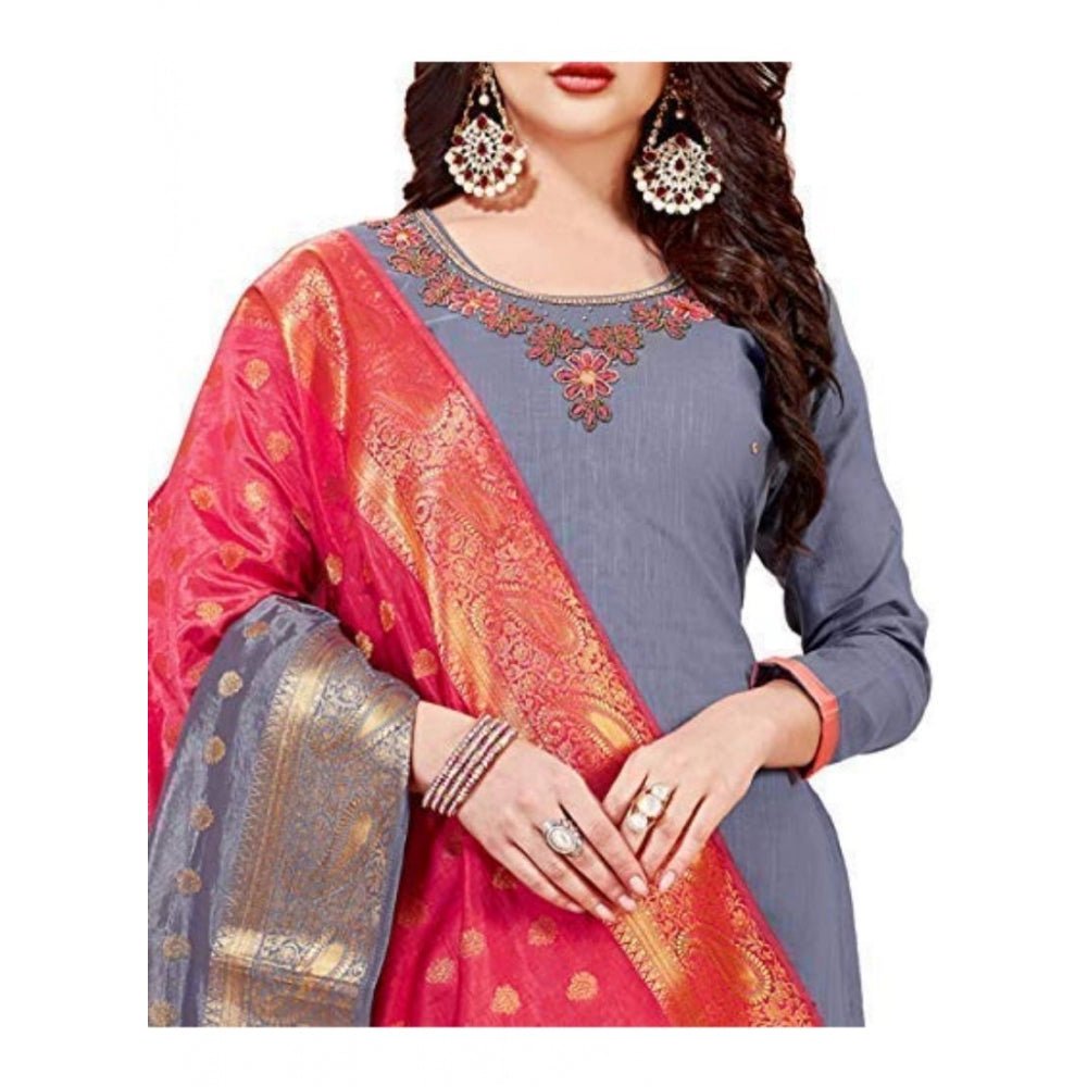 Women's Slub Cotton Unstitched Salwar - Suit Material With Dupatta (Grey, 2 Mtr) - ElegantAlpha