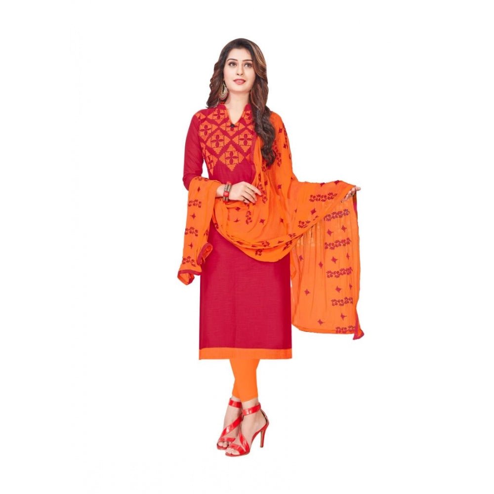 Women's Slub Cotton Unstitched Salwar - Suit Material With Dupatta (Red, 2 Mtr) - ElegantAlpha