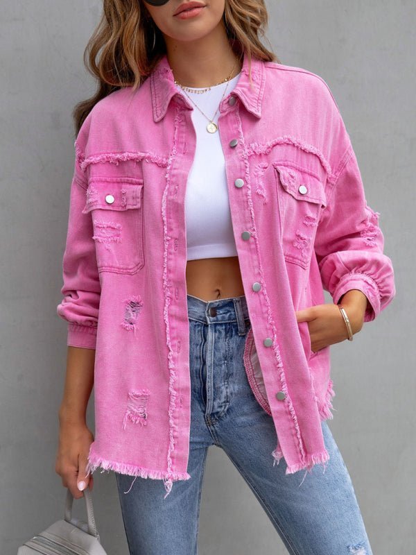 Women’s Solid Color Distressed Denim Jacket - ElegantAlpha®