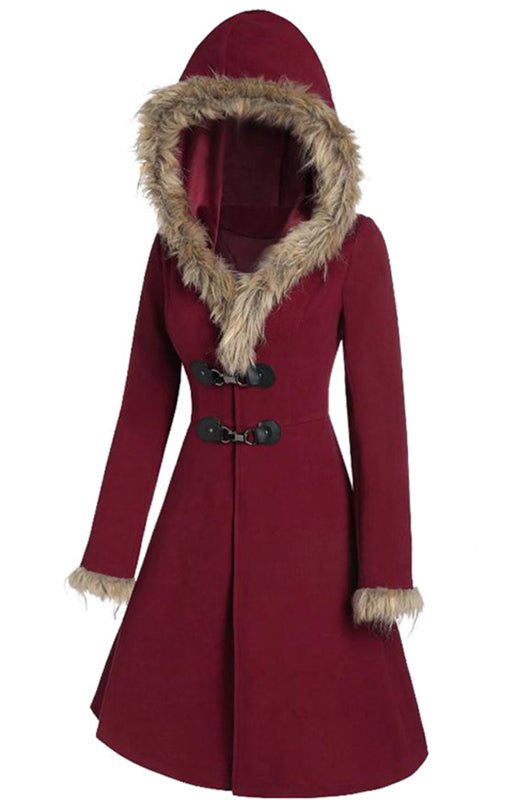 Women’s Solid Color Faux Fur Trim Hooded Coat - ElegantAlpha®