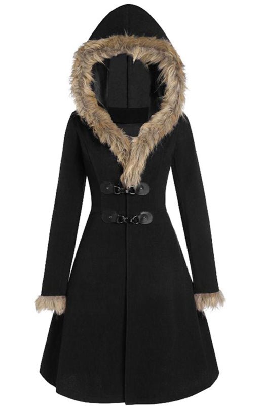 Women’s Solid Color Faux Fur Trim Hooded Coat - ElegantAlpha®