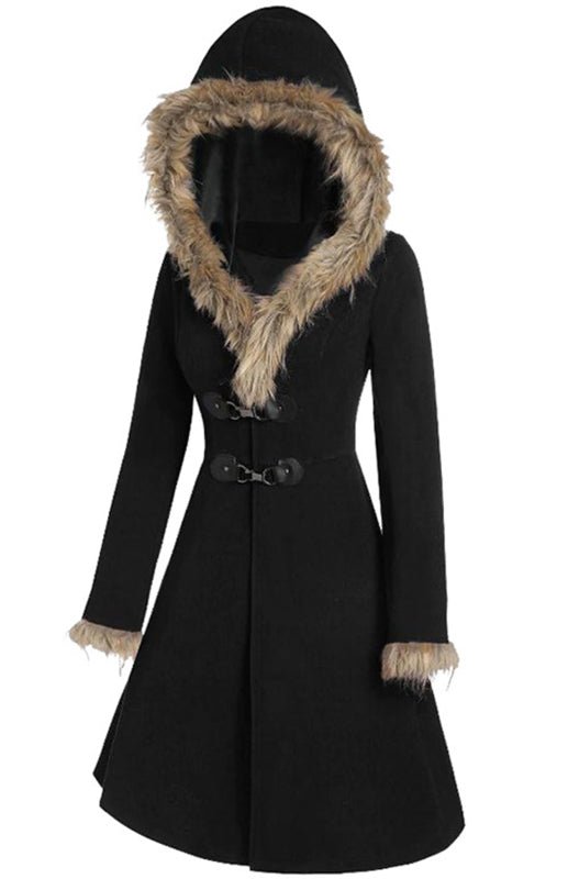 Women’s Solid Color Faux Fur Trim Hooded Coat - ElegantAlpha®