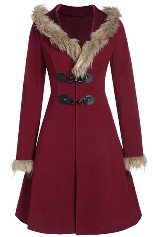 Women’s Solid Color Faux Fur Trim Hooded Coat - ElegantAlpha®