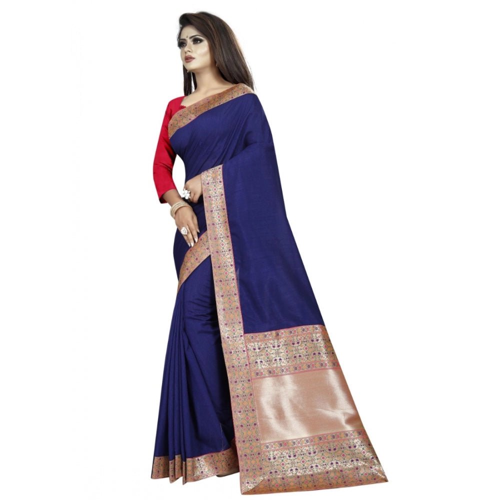 Women's Vichitra Silk Saree with Blouse (Blue,5 - 6 mtrs) - ElegantAlpha