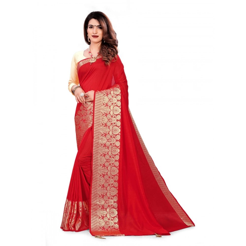 Women's Vichitra Silk Saree With Blouse (Red, 5 - 6 Mtrs) - ElegantAlpha