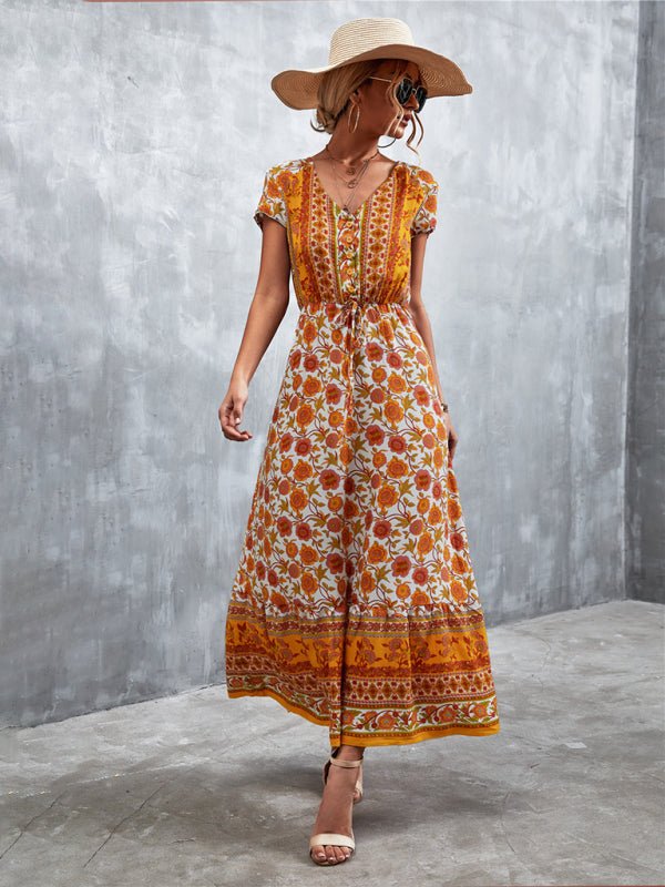 Woven V - Neck Long Bohemian Dress - ElegantAlpha