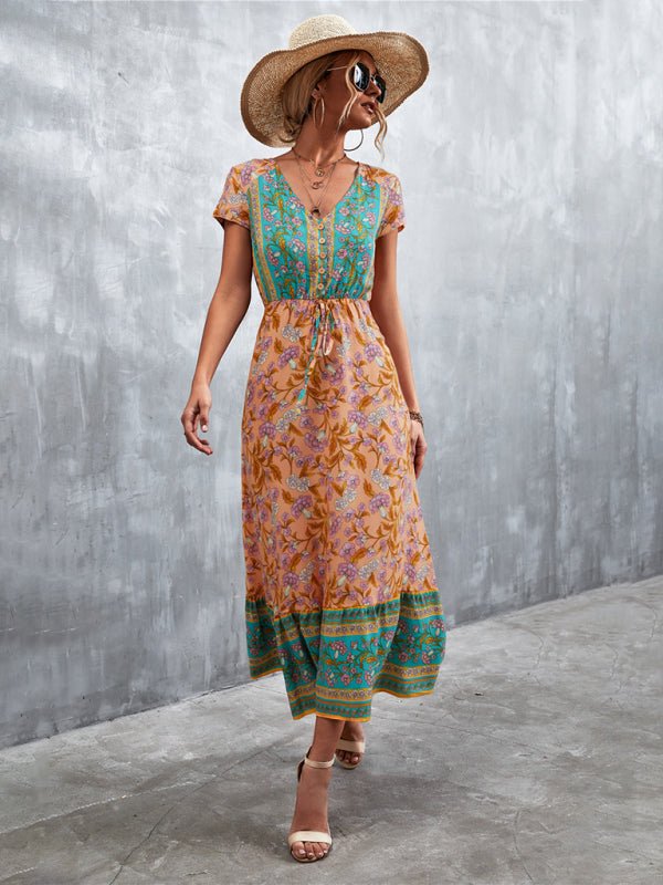 Woven V - Neck Long Bohemian Dress - ElegantAlpha