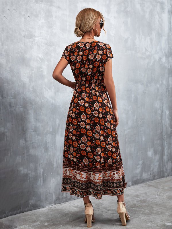 Woven V - Neck Long Bohemian Dress - ElegantAlpha