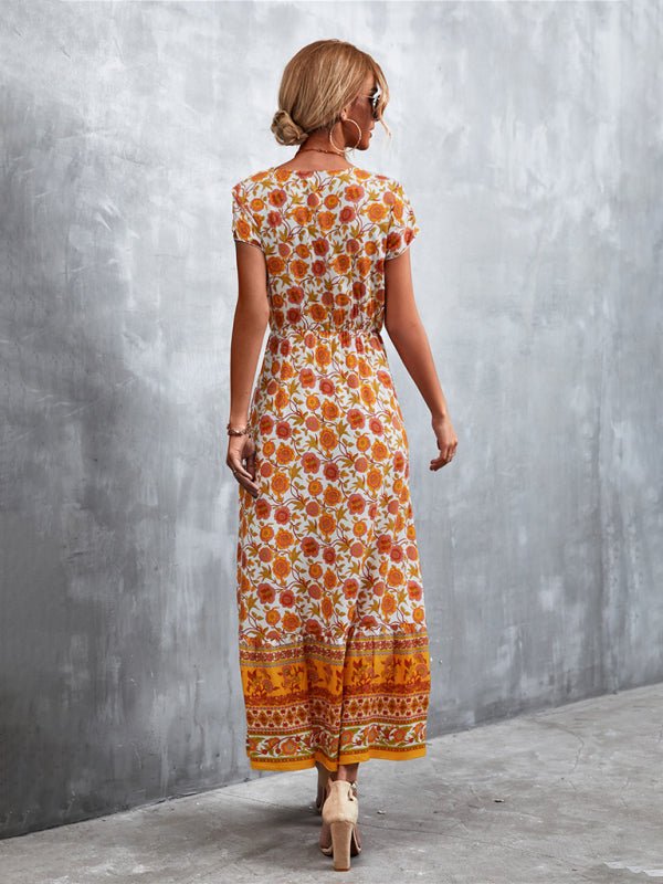 Woven V - Neck Long Bohemian Dress - ElegantAlpha