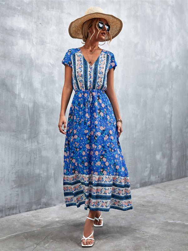 Woven V - Neck Long Bohemian Dress - ElegantAlpha