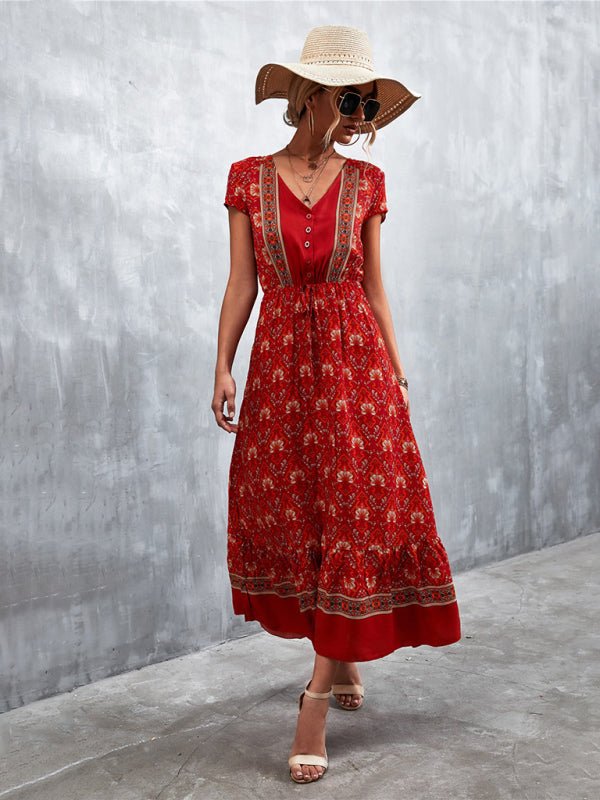 Woven V - Neck Long Bohemian Dress - ElegantAlpha