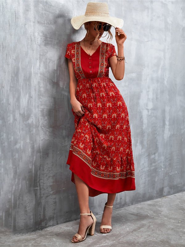 Woven V - Neck Long Bohemian Dress - ElegantAlpha