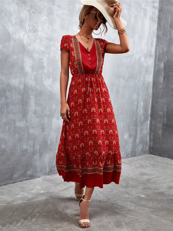 Woven V - Neck Long Bohemian Dress - ElegantAlpha