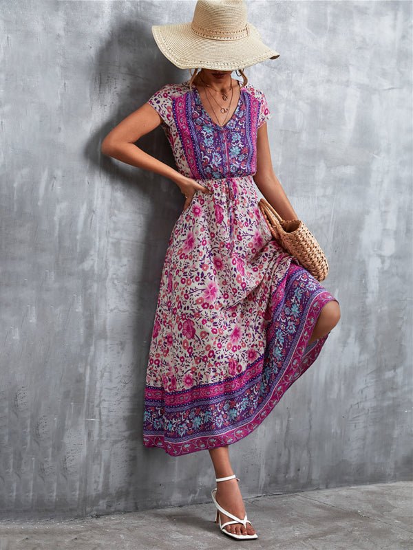 Woven V - Neck Long Bohemian Dress - ElegantAlpha