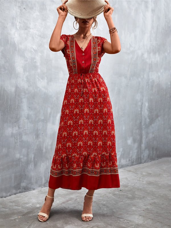 Woven V - Neck Long Bohemian Dress - ElegantAlpha