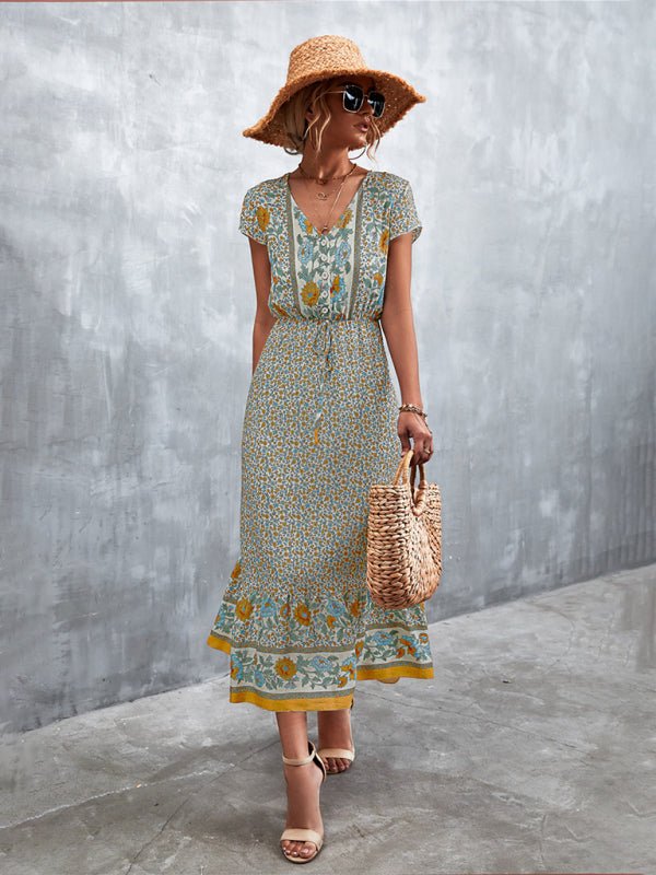 Woven V - Neck Long Bohemian Dress - ElegantAlpha