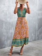 Woven V - Neck Long Bohemian Dress - ElegantAlpha