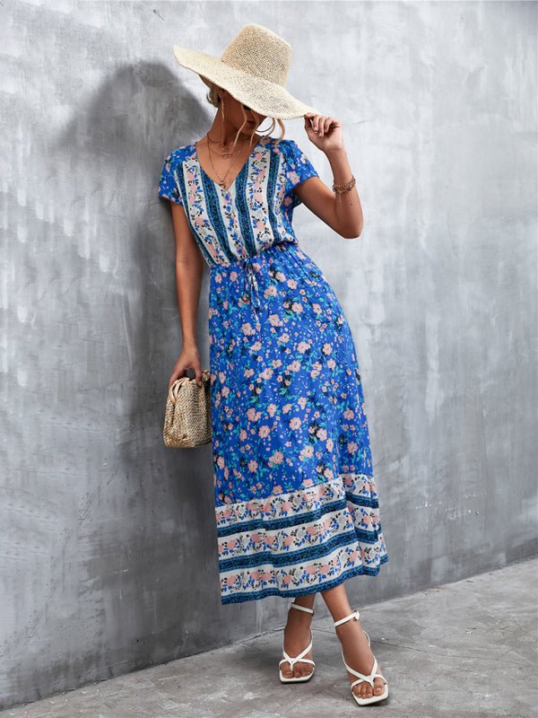 Woven V - Neck Long Bohemian Dress - ElegantAlpha