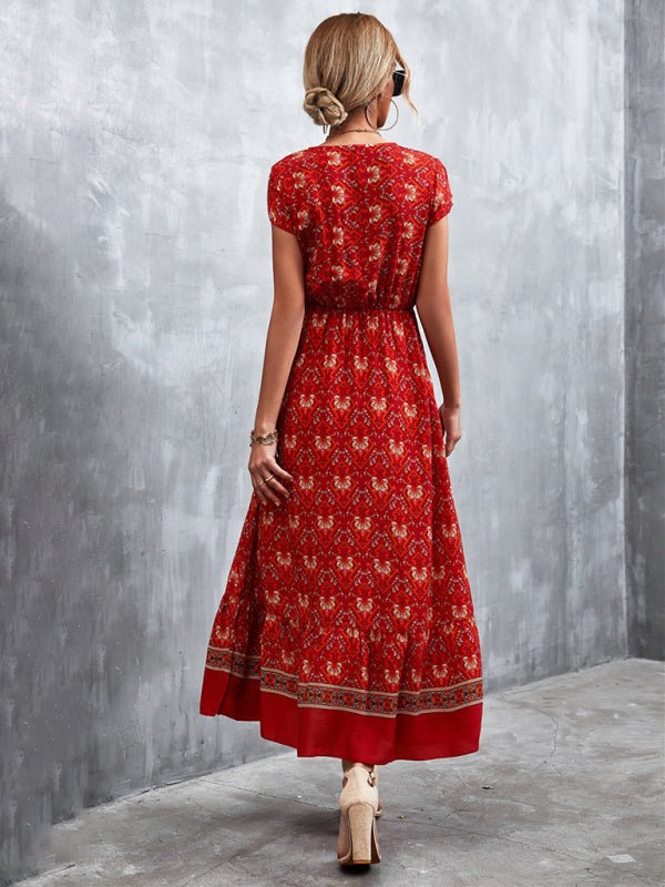 Woven V - Neck Long Bohemian Dress - ElegantAlpha