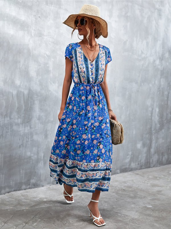 Woven V - Neck Long Bohemian Dress - ElegantAlpha