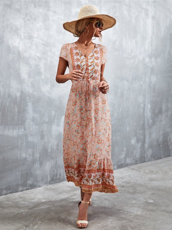 Woven V - Neck Long Bohemian Dress - ElegantAlpha