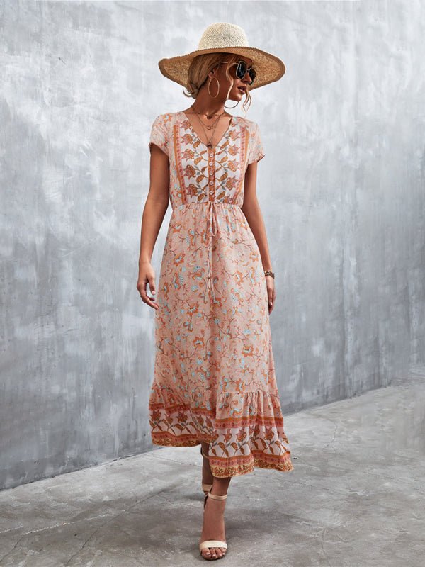 Woven V - Neck Long Bohemian Dress - ElegantAlpha