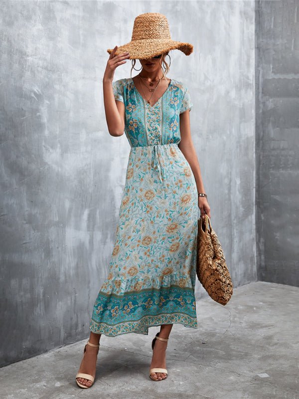 Woven V - Neck Long Bohemian Dress - ElegantAlpha