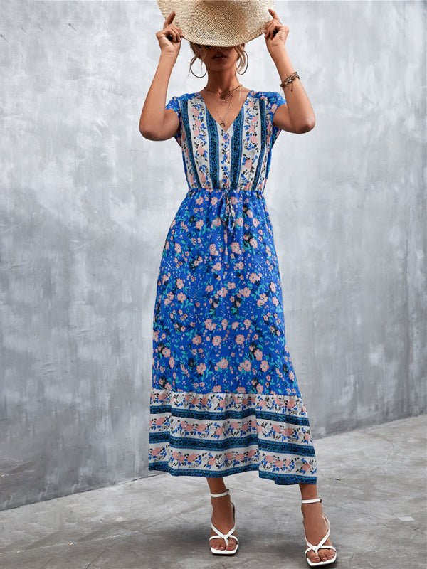 Woven V - Neck Long Bohemian Dress - ElegantAlpha