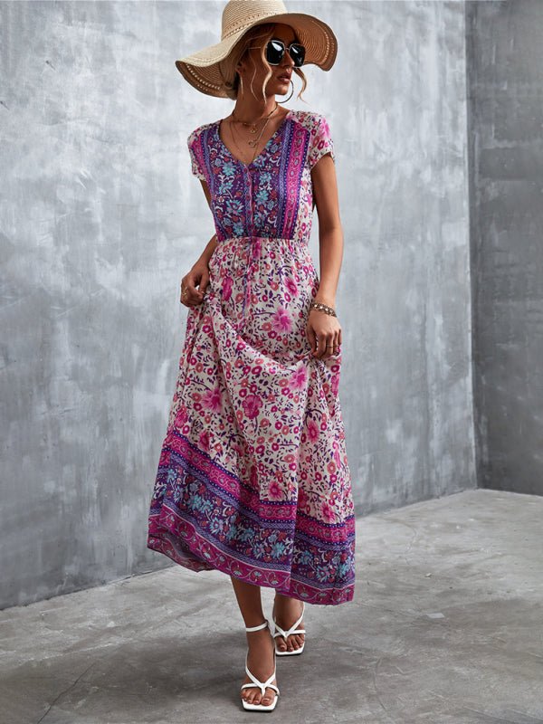 Woven V - Neck Long Bohemian Dress - ElegantAlpha