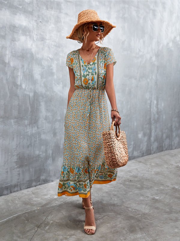 Woven V - Neck Long Bohemian Dress - ElegantAlpha