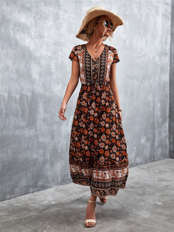 Woven V - Neck Long Bohemian Dress - ElegantAlpha