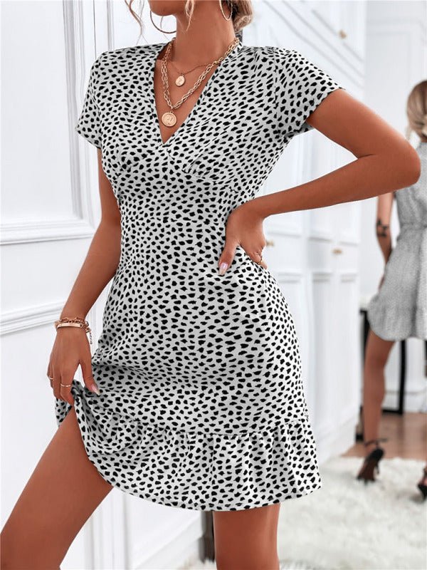 Woven V Neck Short Sleeve Printed Dress - ElegantAlpha