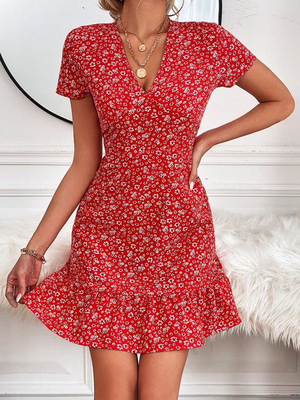 Woven V Neck Short Sleeve Printed Dress - ElegantAlpha