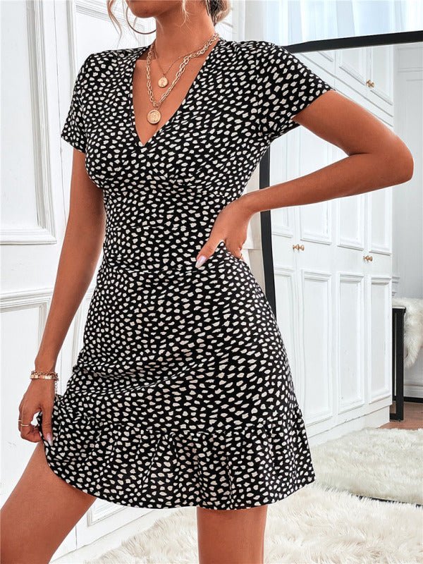 Woven V Neck Short Sleeve Printed Dress - ElegantAlpha