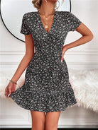 Woven V Neck Short Sleeve Printed Dress - ElegantAlpha