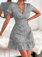 Woven V Neck Short Sleeve Printed Dress - ElegantAlpha