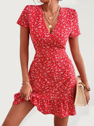 Woven V Neck Short Sleeve Printed Dress - ElegantAlpha