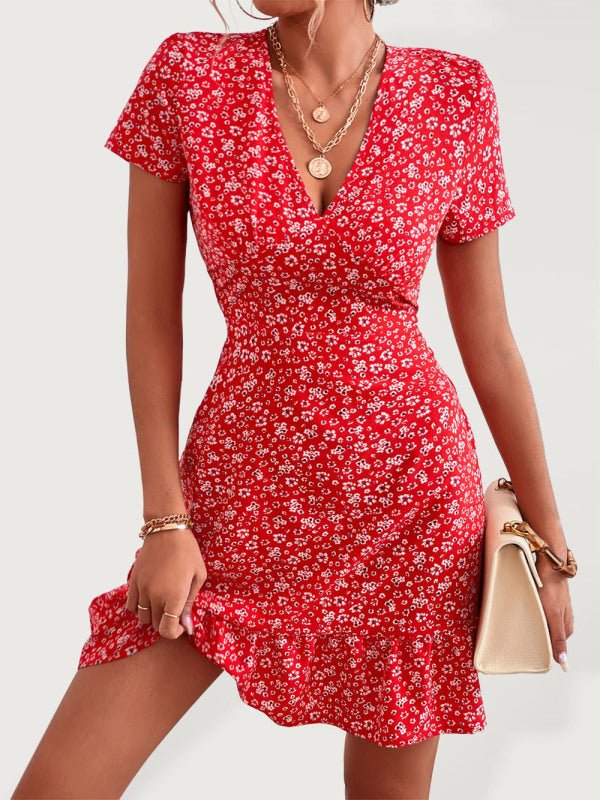 Woven V Neck Short Sleeve Printed Dress - ElegantAlpha