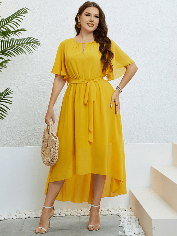 Yellow V - neck strappy waist dress - ElegantAlpha