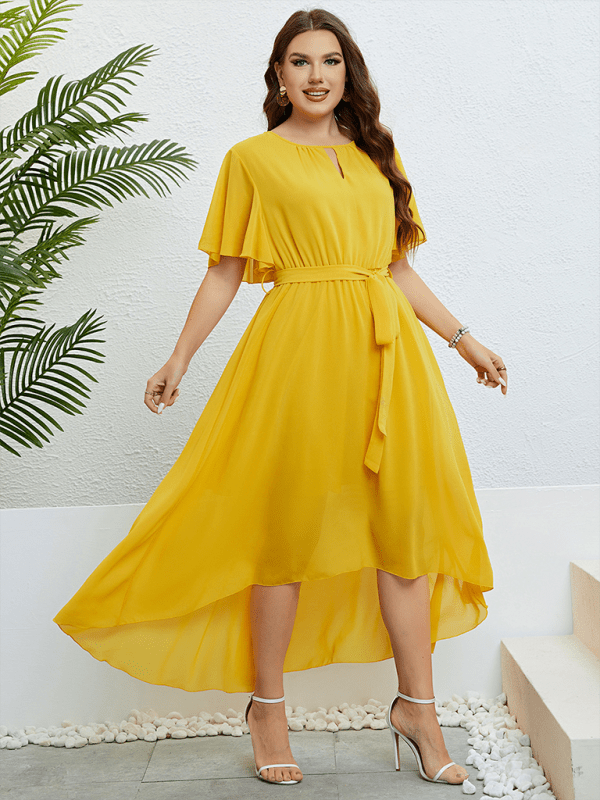 Yellow V - neck strappy waist dress - ElegantAlpha