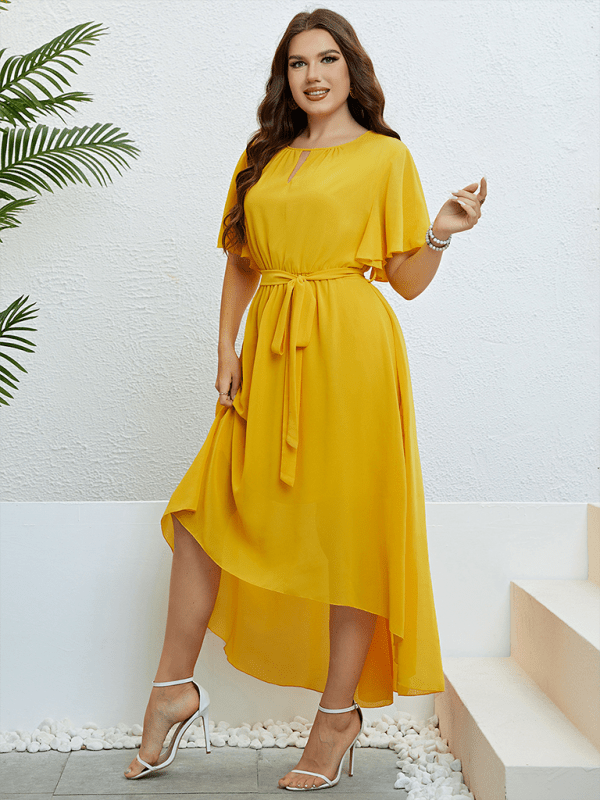 Yellow V - neck strappy waist dress - ElegantAlpha