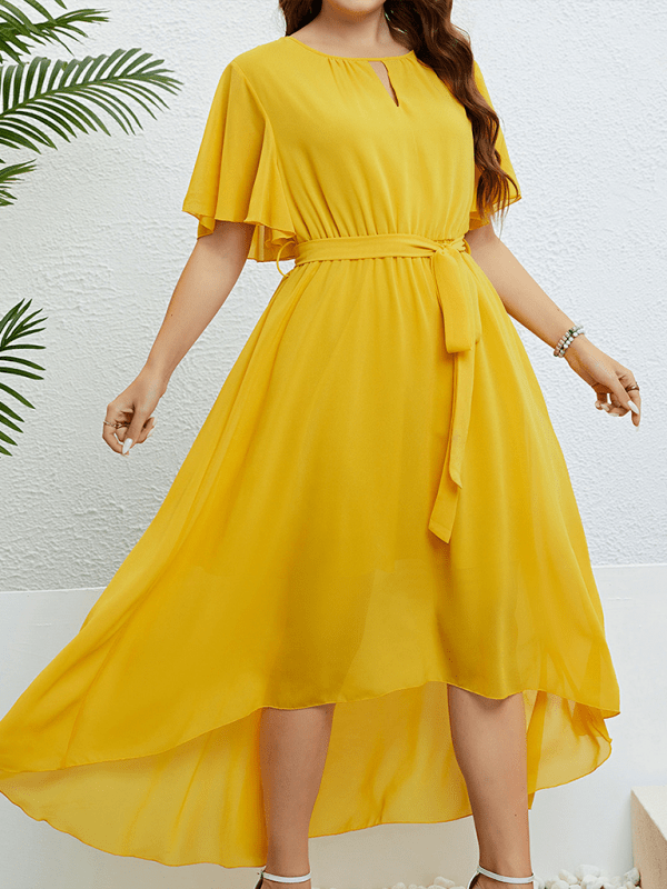 Yellow V - neck strappy waist dress - ElegantAlpha