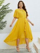 Yellow V - neck strappy waist dress - ElegantAlpha