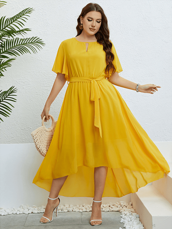 Yellow V - neck strappy waist dress - ElegantAlpha