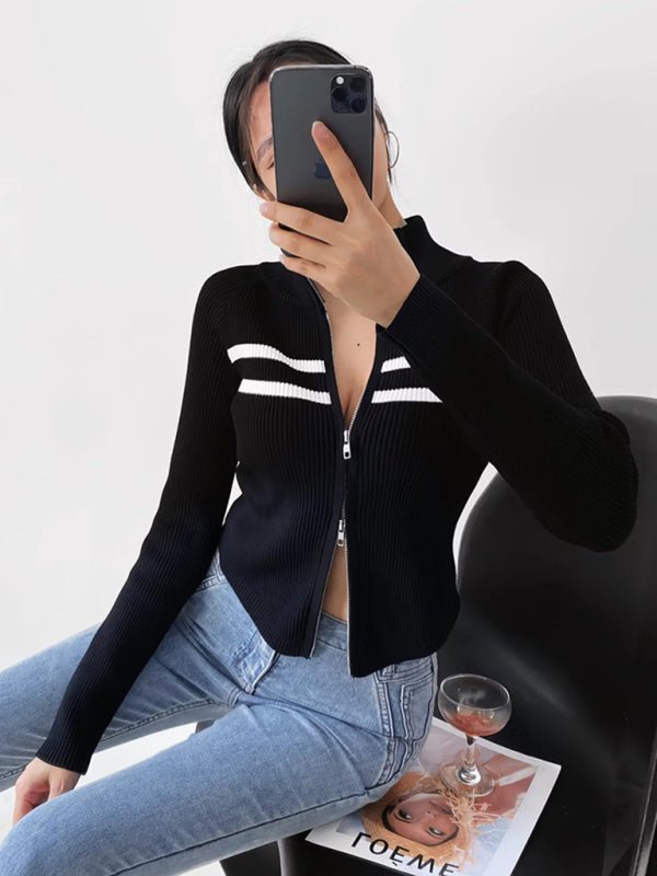 Zipper striped waisted curved long - sleeved knitted cardigan - ElegantAlpha