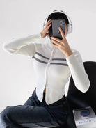 Zipper striped waisted curved long - sleeved knitted cardigan - ElegantAlpha