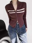 Zipper striped waisted curved long - sleeved knitted cardigan - ElegantAlpha