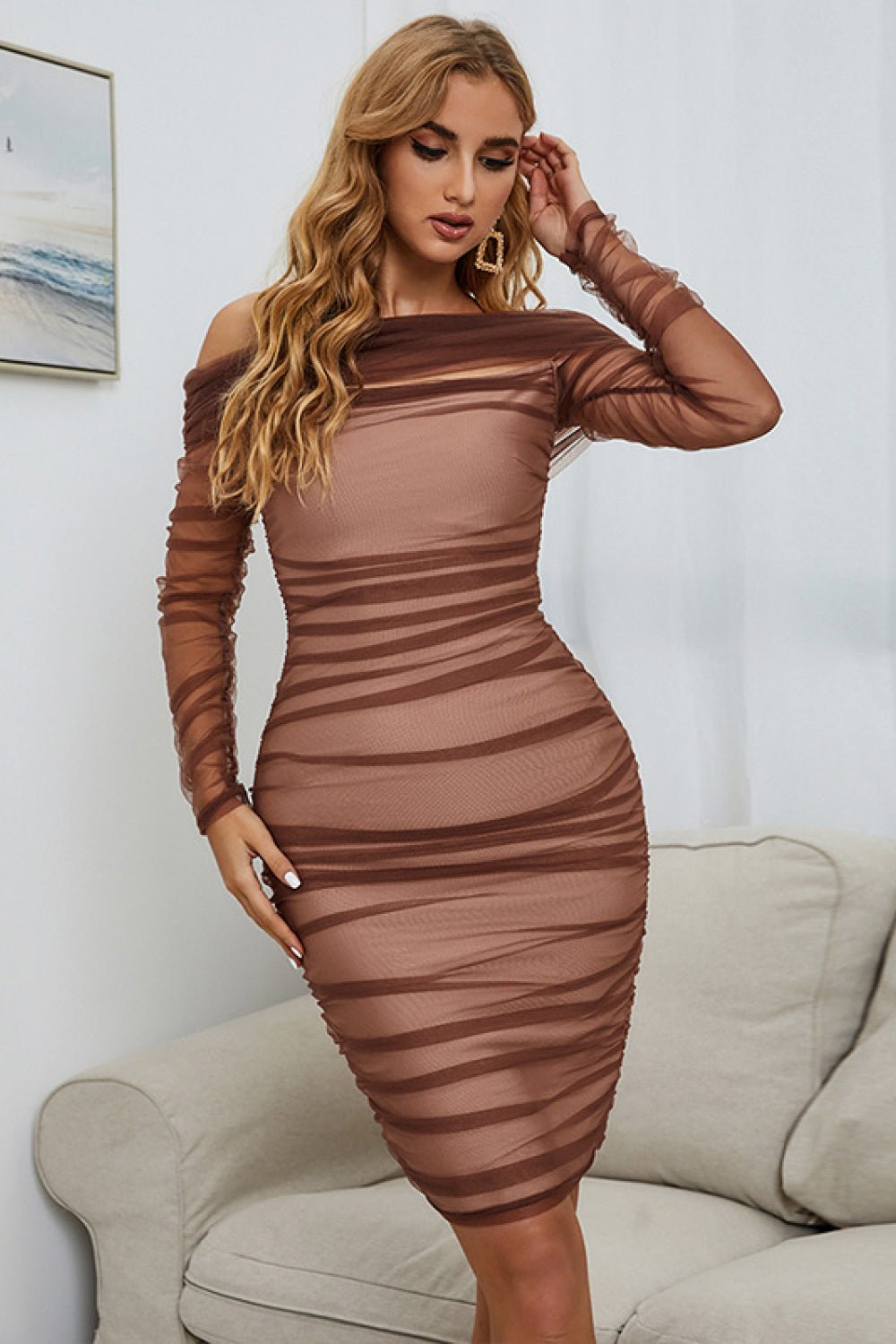 Off-Shoulder Ruched Long Sleeve Tulle Dress - ElegantAlpha®