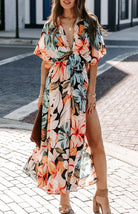 Orange Split Floral Kimono Long Dress - ElegantAlpha®