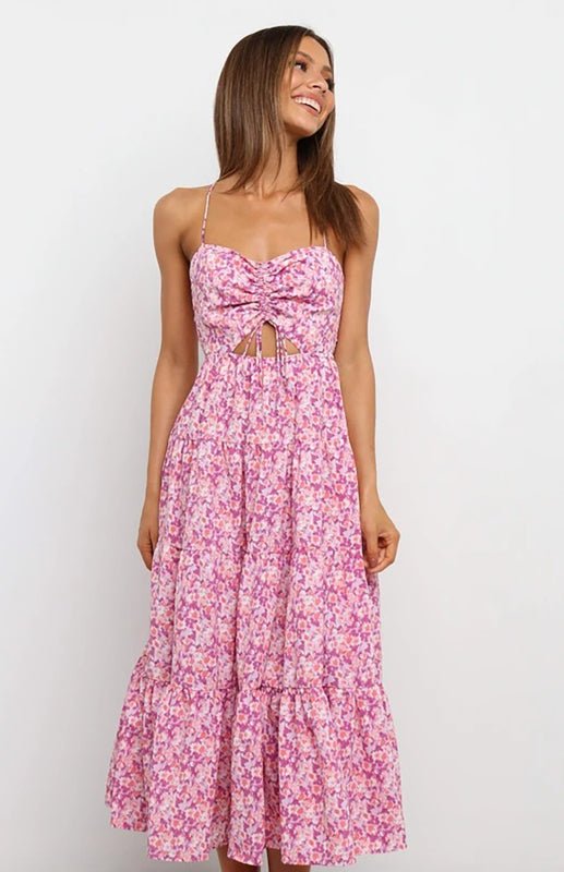 Sling Gathered Floral Cutout Dress - ElegantAlpha®